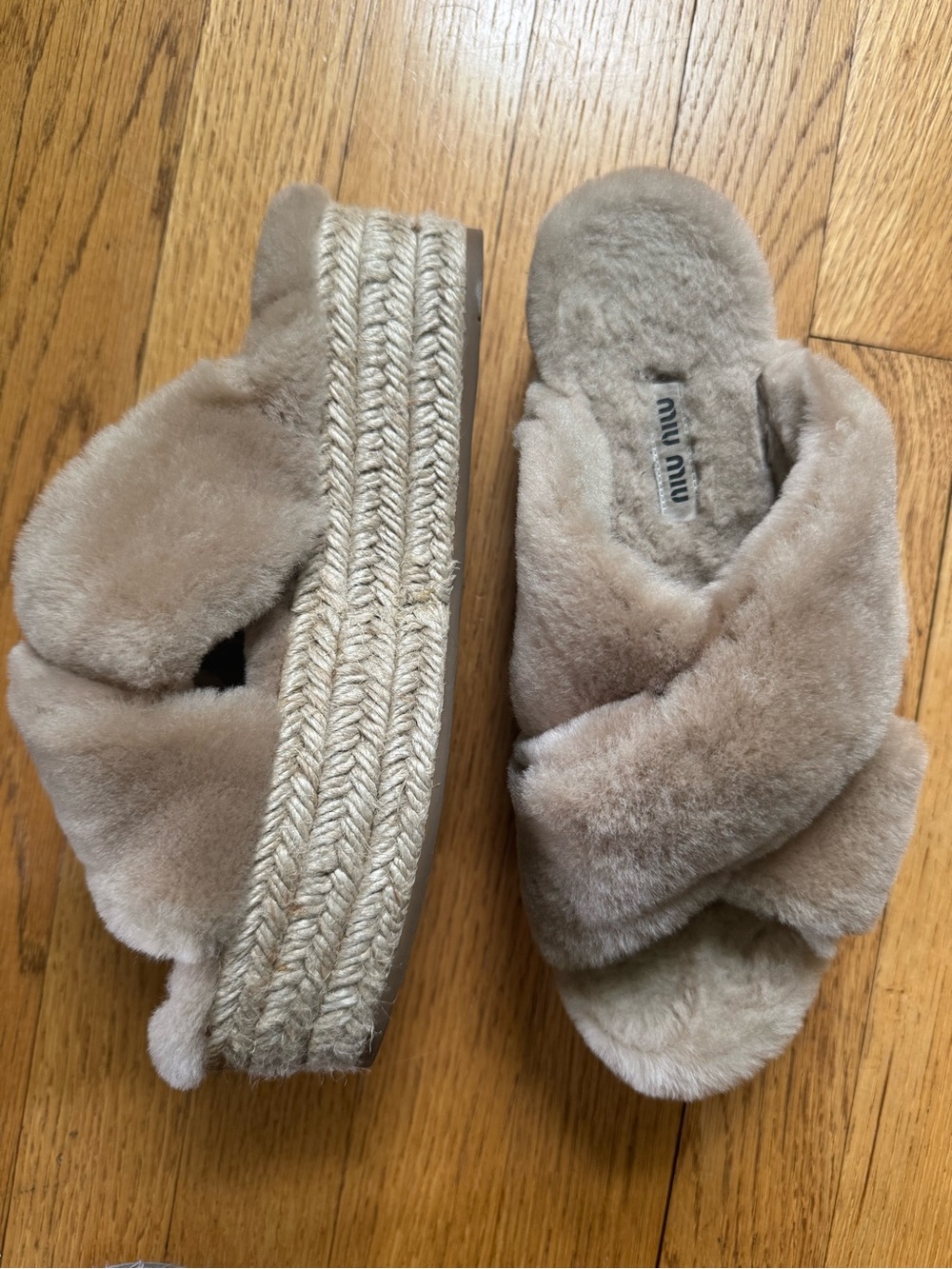 Miu Miu Taupe Plush Shearling Espadrille Slides Size 7